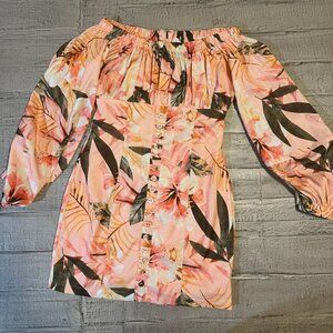 Luxxel fitted dress peach floral dress with long sleeve balloon sleeves